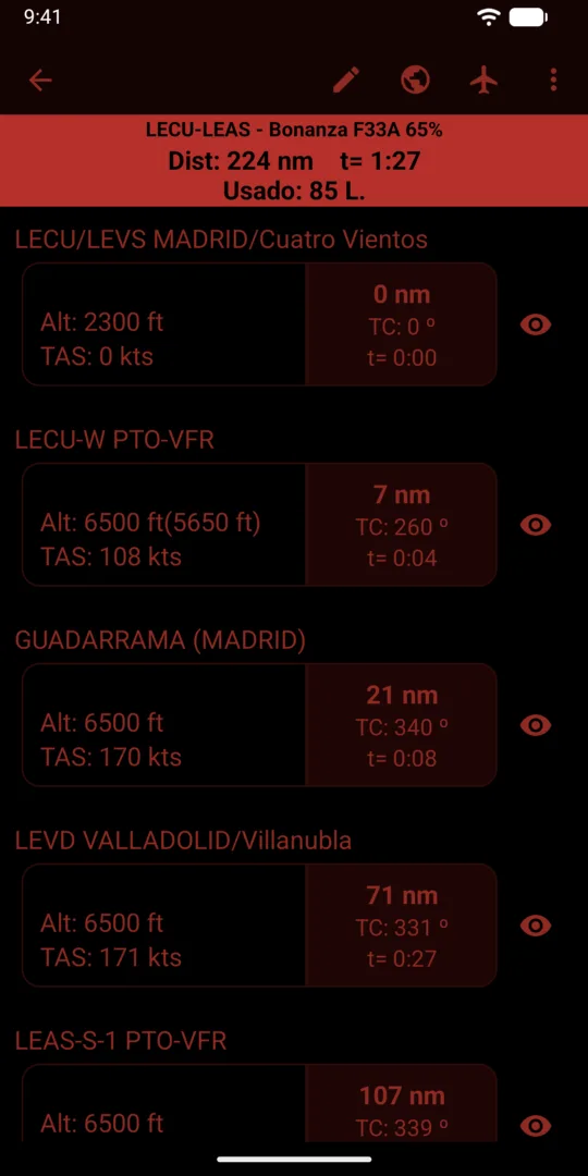 Ruta en el modo vuelo nocturno en rojo