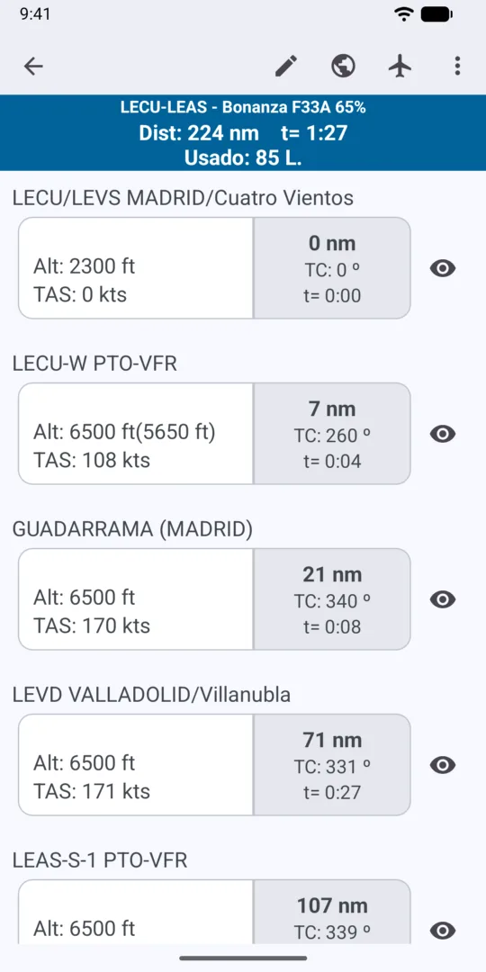 Ruta con sus tramos, distancias, tiempos y combustible consumido